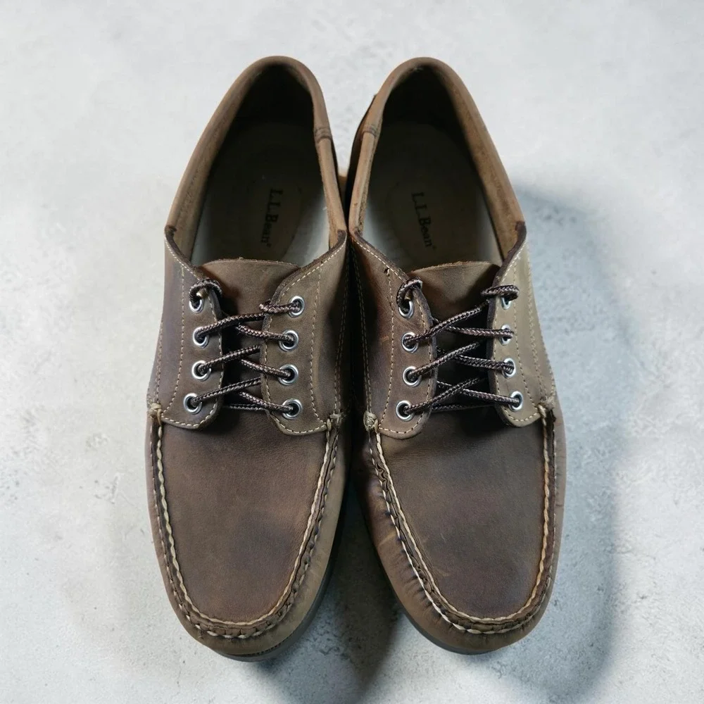 LL Bean Moccasins Mens 9.5 D Blucher Moc Toe Brown Leather 4 Eye Boat Shoes NEW